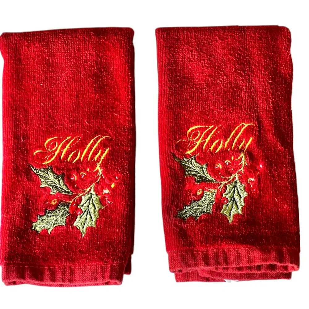 Set Of 2 Red Christmas Hand Towels With Embroidered Holly Leaves & Berries 15.5”